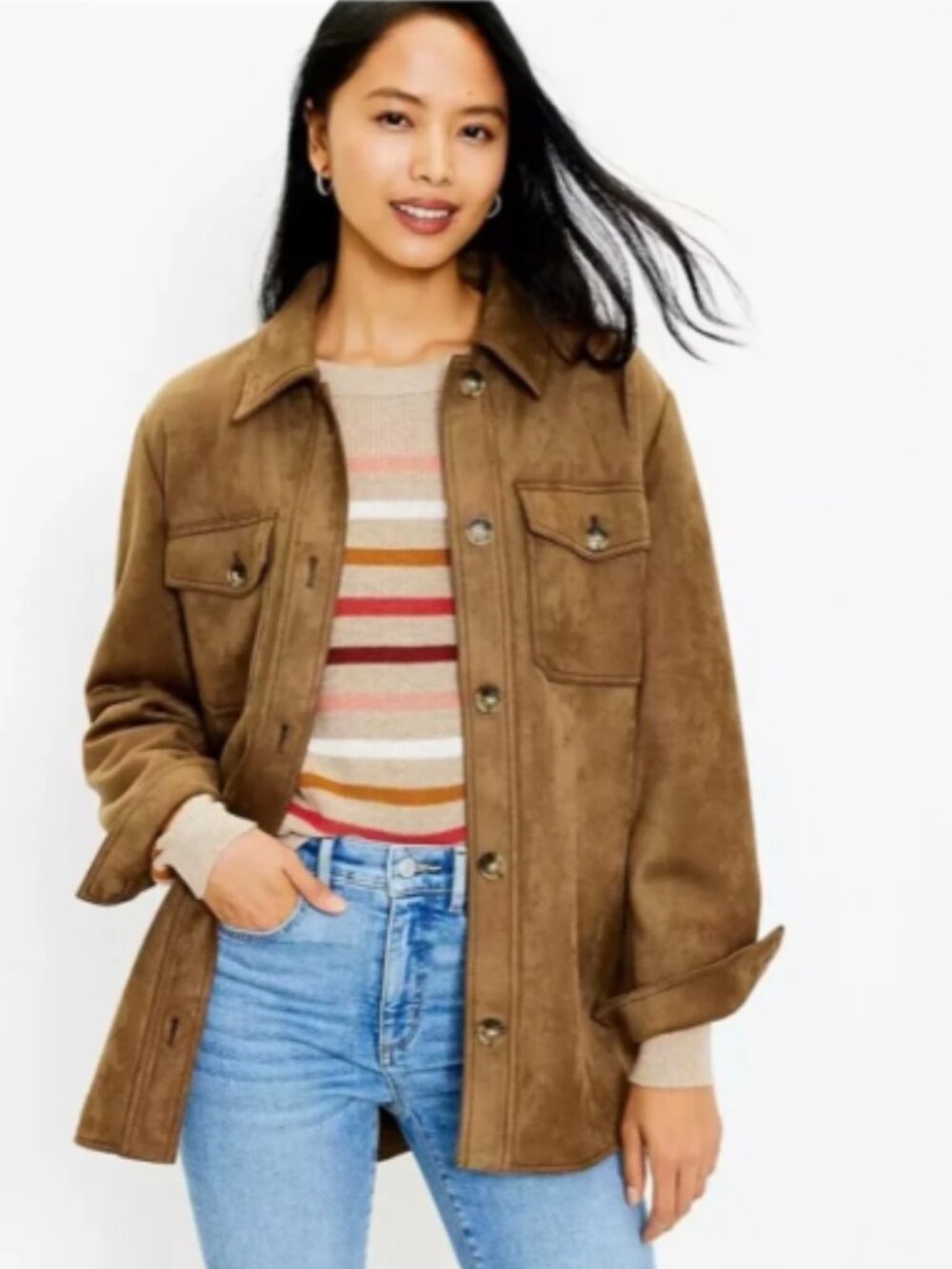 NWT LOFT Faux Suede Shacket Shirt Jacket Brown Oversized Size Large